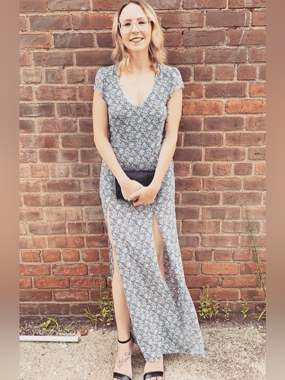 Floral V-Neck Long Dress with Front Slits